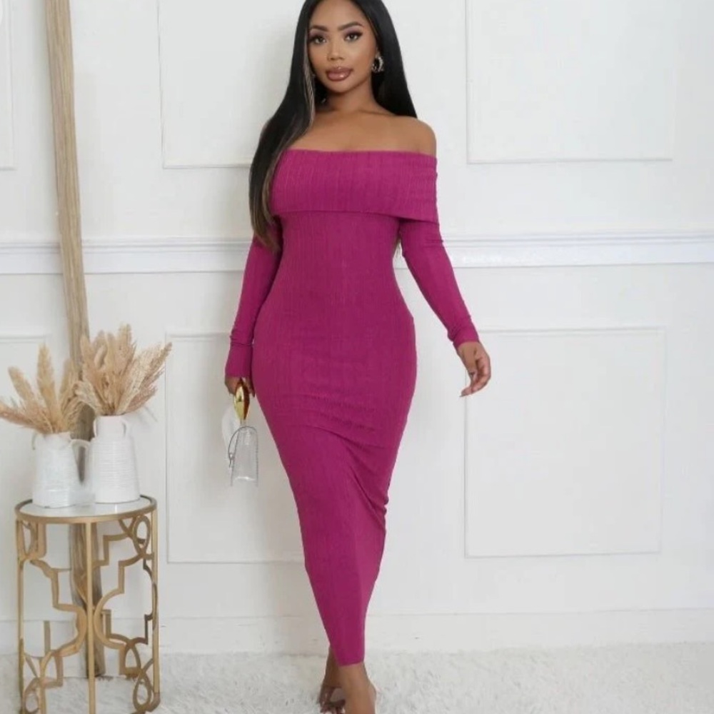 ❤️5 for $25 ❤️ Chic Off-Shoulder Fuchsia Long Sleeve Dress - Picture 1 of 7